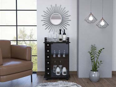 Vegas Bar Cart, Two Tier Cabinet With Glass Door, Six Cubbies For Liquor